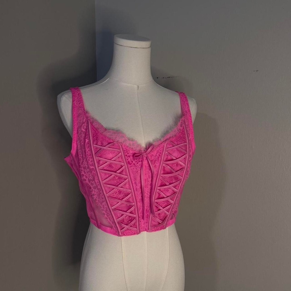 Victoria's Secret Pink Lace Corset Top Bow Detail Lingerie Pink